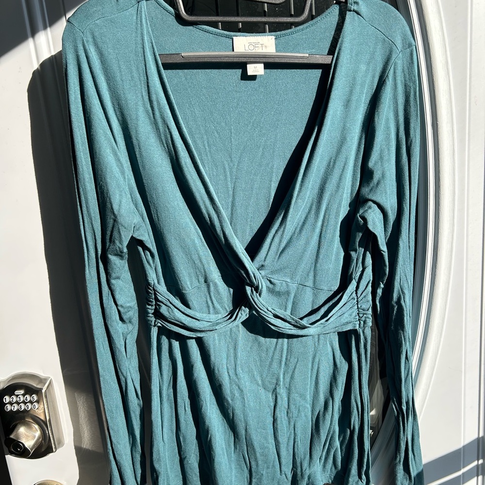 LOFT Teal V-Neck Long Sleeve Blouse, medium